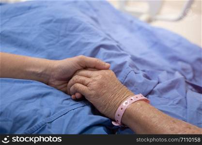 The hand of the woman is holding mother&rsquo;s hand that sleeping in the hospital bed.