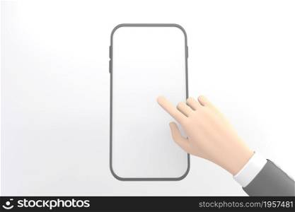 The hand that is about to click on the phone where the screen is lay empty on white background.3D rendering