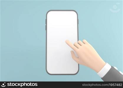 The hand that is about to click on the phone where the screen is lay empty on mint background.3D rendering