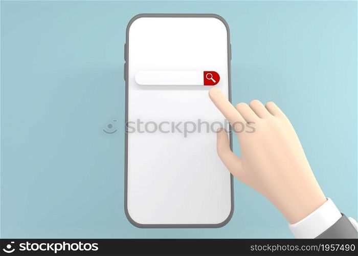 The hand that is in the index finger presses the search button on the phone screen.3d rendering