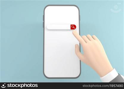 The hand that is in the index finger presses the search button on the phone screen.3d rendering