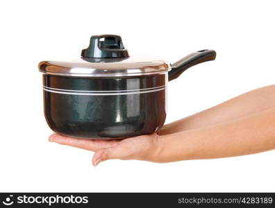 The hands of a woman holding a green cooking pot, isolated for whitebackground.