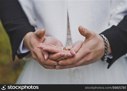 The hands of the newlyweds and wedding rings.. Wedding rings in the hands of the newlyweds 2486.