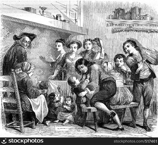 The happy family, vintage engraved illustration. Magasin Pittoresque 1845.