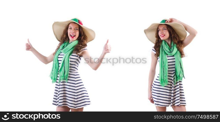 The happy woman in panama and green scarf isolated on white. Happy woman in panama and green scarf isolated on white