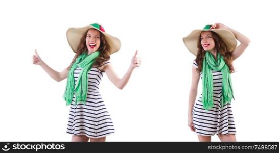 The happy woman in panama and green scarf isolated on white. Happy woman in panama and green scarf isolated on white