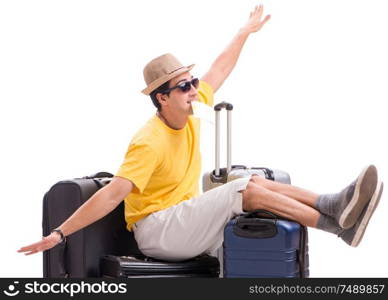 The happy young man going on summer vacation isolated on white. Happy young man going on summer vacation isolated on white