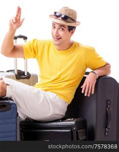 The happy young man going on summer vacation isolated on white. Happy young man going on summer vacation isolated on white