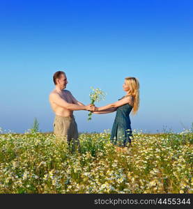 The happy young pair in the field of chamomiles