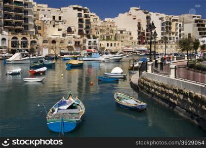 The harbor at St Julians in St Julians Bay on the Mediterranean island of Malta
