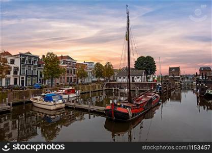 The harbor in the city center of the medieval town Gorinchem in the Netherlands