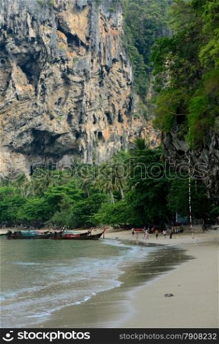 The Hat Tom Sai Beach at Railay near Ao Nang outside of the City of Krabi on the Andaman Sea in the south of Thailand. . THAILAND