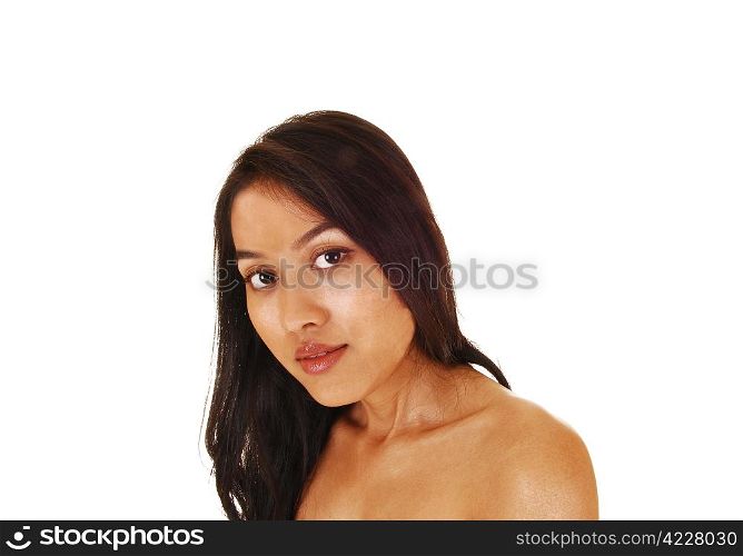 The head shoot of a young beautiful Asian woman with her shoulderfree and long black hair for white background.