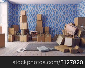 the heap of the cardboard boxes in the room. 3d concept