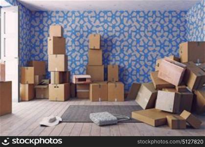 the heap of the cardboard boxes in the room. 3d concept