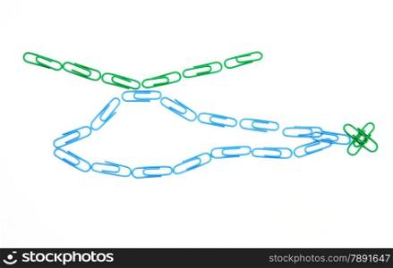 The helicopter from paper clips. On a white background