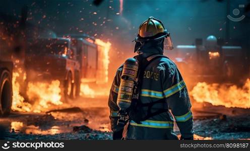The Heroic Firefighter Battling an Epic Blaze. Generative AI