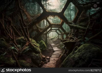 The hidden hexagon tunnel of the mysterious forest. distinct generative AI image.. The hidden hexagon tunnel of the mysterious forest