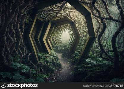 The hidden hexagon tunnel of the mysterious forest. distinct generative AI image.. The hidden hexagon tunnel of the mysterious forest
