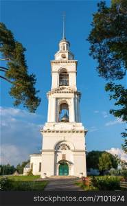 The high bell tower of St. Nikolo-Tikhonov Monastery in the village of Timiryazevo, Ivanovo region, Russia.