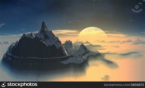 The high mountain tops covered with snow, act from an orange being shone fog. Because of the horizon the major blue planet (moon) rises. In the sky rare being shone clouds.