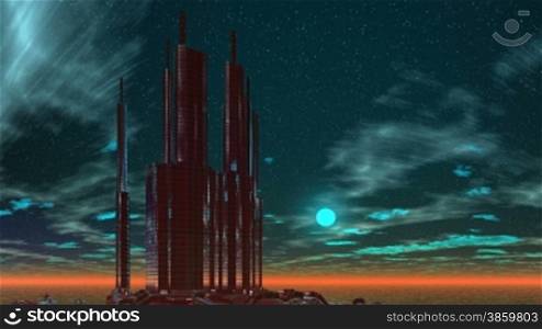 The high sparkling building costs among water. The horizon is covered with an orange fog. In the night sky bright stars, the magenta moon brightly shines, clouds float.