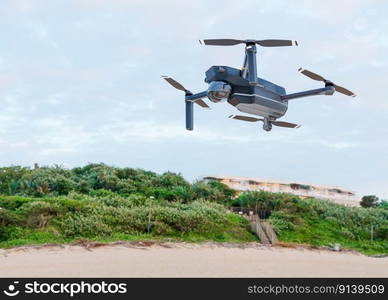 The high-tech drone flying in the sky. Drone with professional camera takes pictures. Copter with high resolution digital camera. Modern technology. 3d rendering. The high-tech drone flying in the sky. Drone with professional camera takes pictures. Copter with high resolution digital camera. Modern technology. 3d rendering.