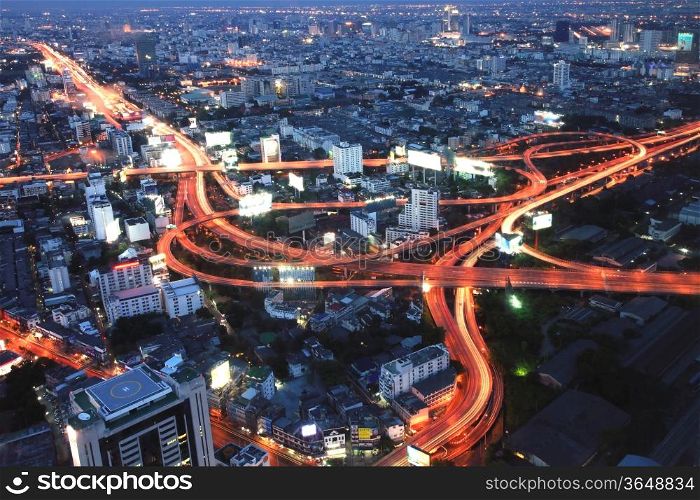 The highest Aerial view of Bangkok Highway at Dusk in Thailand