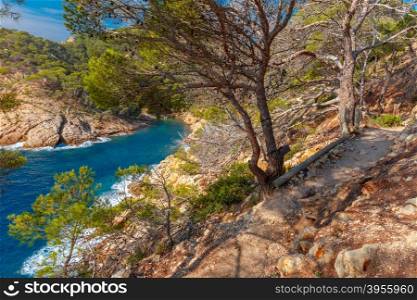 The hiking trail over Cala Pola bay, on coast of the Balearic Sea near Tossa de Mar, in the summer morning, Costa Brava, Catalunya, Spain