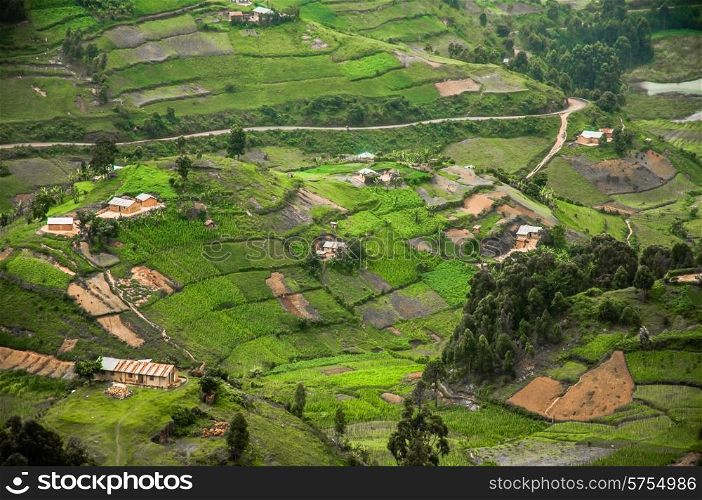 The hills and the valleys of Kabale Highland District in Southern Uganda on the border of Rwanda is covered in agricultural land for cash crops.