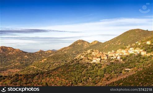 The hillside village of Belgodere in the Balagne region of northern Corsica, France