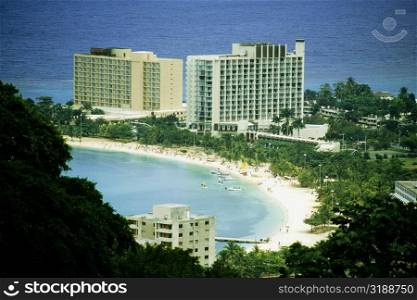 The Hilton Hotel on the island of Jamaica is located on a beautiful white sand beach