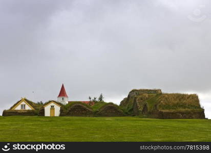 The historic farm complex with the typical grass covered roofs for insulation at Glaumbaer, Iceland