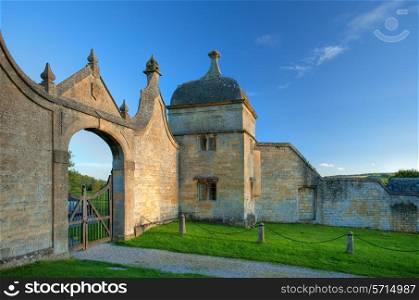 The historic Jacobean gatehouse to the Banqueting Hall at Chipping Campden, Gloucestershire, England.