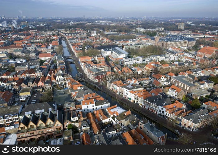 The historic university city of Delft, the Netherlands, seen from above, looking in the direction of the Hague