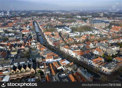 The historic university city of Delft, the Netherlands, seen from above, looking in the direction of the Hague