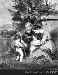 The Holy Family, by Joshua Reynolds, vintage engraved illustration. Magasin Pittoresque 1841.