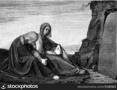 The Holy Women at the Tomb, by Philip Veit, vintage engraved illustration. Magasin Pittoresque 1845.