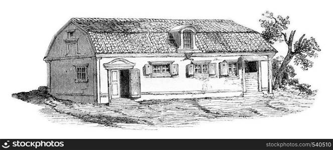 The home or Swedenborg lived in the suburb of Stockholm, vintage engraved illustration. Magasin Pittoresque 1857.