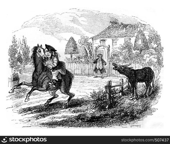 The horse neighs, leaps, and resumed its infernal gallop, vintage engraved illustration. Magasin Pittoresque 1842.