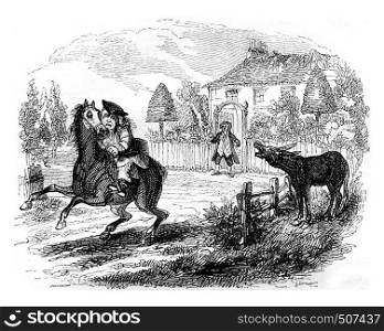 The horse neighs, leaps, and resumed its infernal gallop, vintage engraved illustration. Magasin Pittoresque 1842.