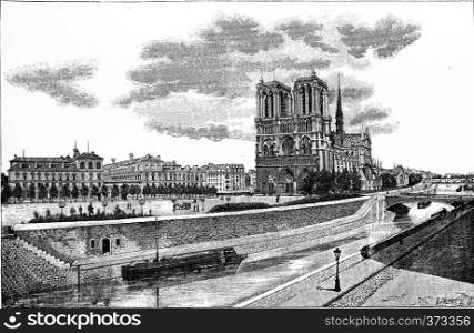 The Hotel-Dieu, the Parvis Notre-Dame and the Pont au Double, vintage engraved illustration. Paris - Auguste VITU ? 1890.