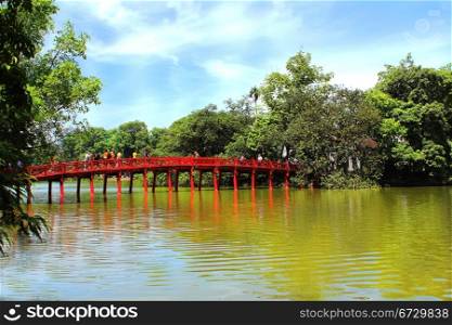 The Huc Bridge is a bridge near Hoan Kiem Lake, Hanoi, the capital of Vietnam.