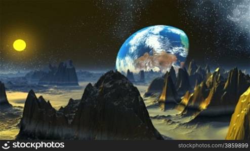 The huge blue planet similar to Earth slowly ascends over a mountain landscape of a fantastic planet. In the dark night sky bright stars, the yellow moon slowly falls. The horizon is covered with a blue fog.
