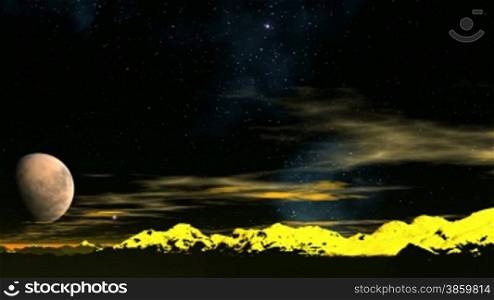 The huge planet flies against a fantastic landscape. In the night sky stars flicker and sparks the polar lights. Peaks of mountains are colored in yellow color.