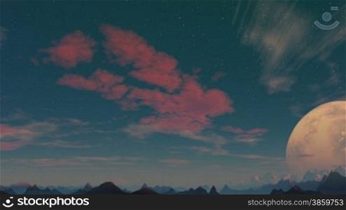 The huge planet flies by against a mountain landscape. In the evening clear sky bright stars. Pink and white clouds float.