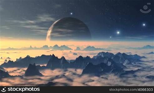 The huge planet (moon) rises in the starry night sky. From the misty horizon bright glowing object flies. The mountain peaks rise from the thick fog glowing. Bright light floods the alien landscape. The sky slowly floating clouds are rare. Moon in the shadows.