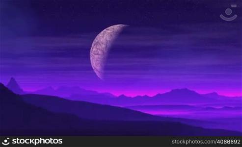 The huge planet on misty shadowy hills. On a dark night sky twinkling myriads of stars. Lilac haze (cloud) is floating in the sky. Dark purple hills covered with luminous mist. The camera flies over the surface of a fantastic planet. The image is magnified.