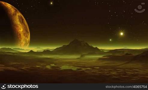 The huge planet rises above the fantastic alien landscape. The hills and lakes covered with yellow mist. In the dark night sky bright stars bottomless. Bright glowing objects (UFO) fly slowly across the sky.