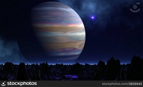 The huge planet (the gas giant) rotates against a mountain landscape of a fantastic planet. The bright being shone object (UFO) flies on the dark night sky covered with stars and fognebulas.